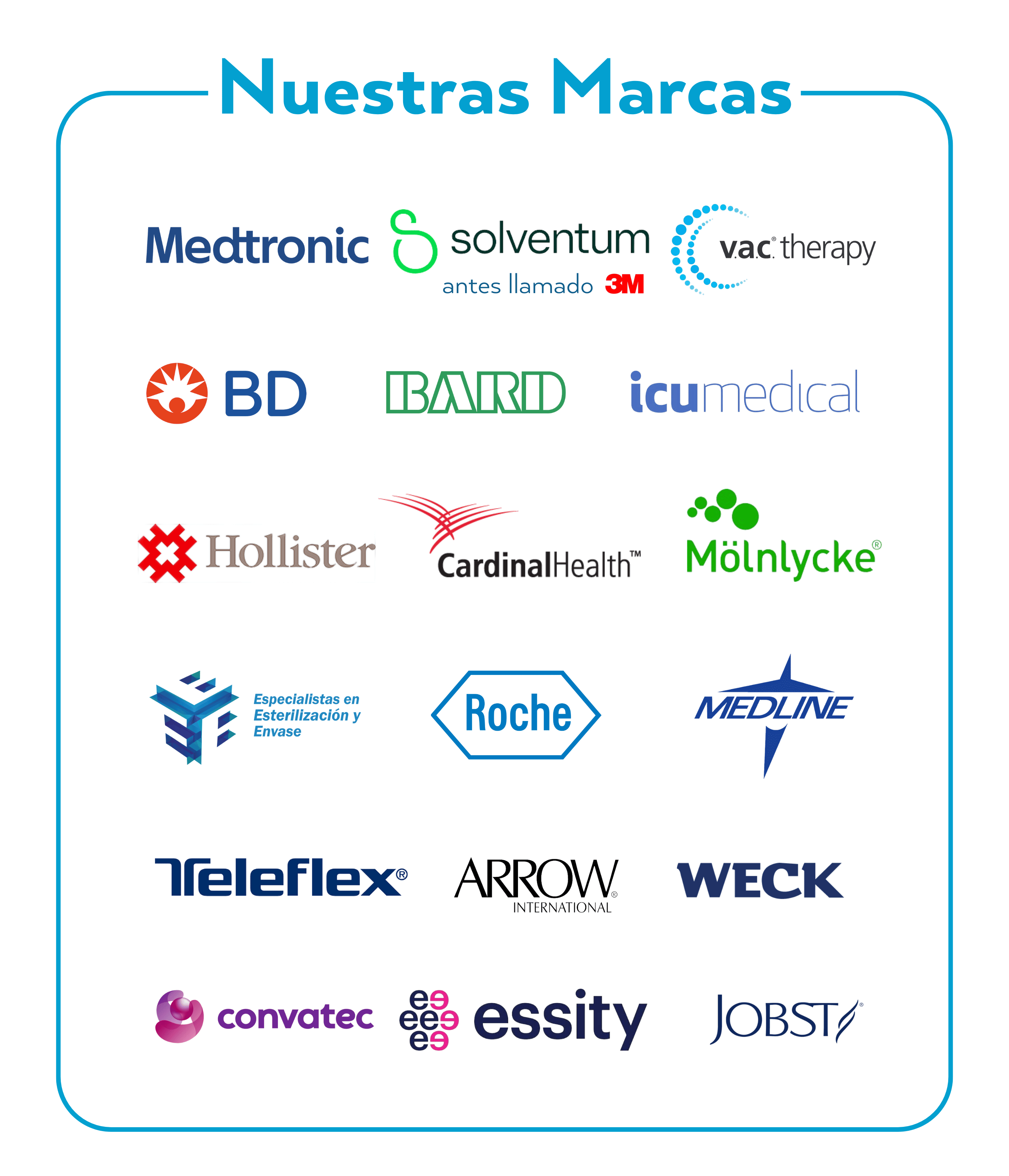 Logotipos de marcas reconocidas disponibles en Moper Medical, como Medtronic, Hollister, Solventum, Bard, y más.