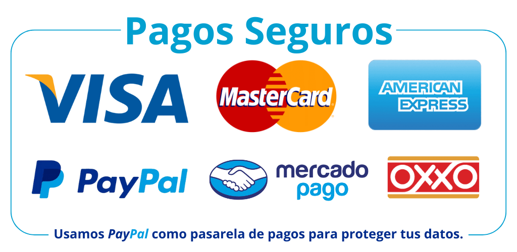 Métodos de pago seguros en Moper Medical: Visa, MasterCard, American Express, PayPal, Mercado Pago y OXXO.