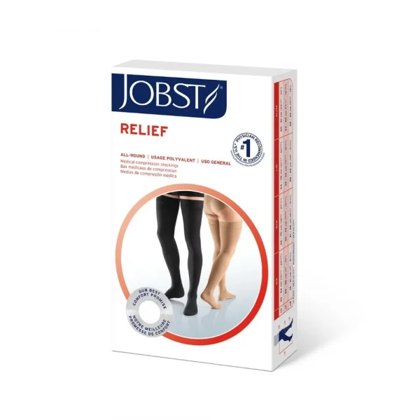 Medias de compresión JOBST Relief al muslo, con banda de silicón y punta abierta, color beige.