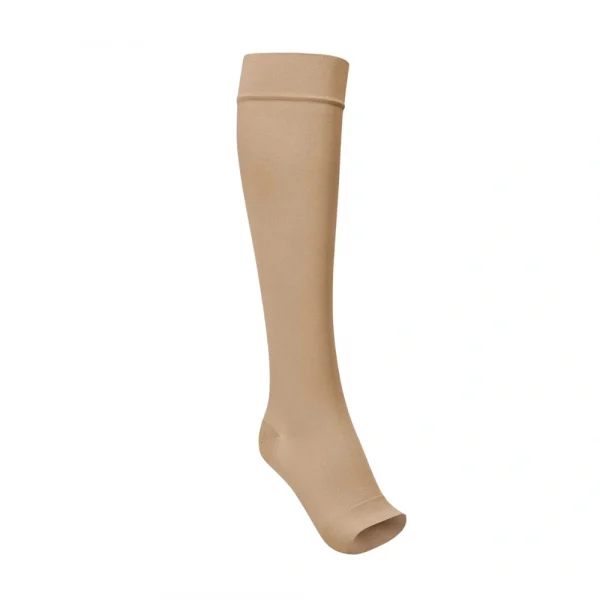 Media de compresión JOBST Relief 20-30 mmHg hasta la rodilla, color beige, con punta abierta para mayor confort.