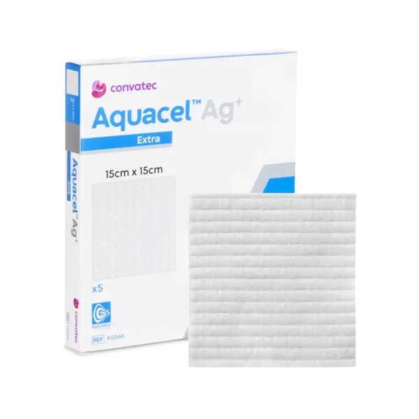 Apósito Aquacel Ag Extra 15x15 cm Caja con 5 – Cuidado avanzado de heridas con plata antimicrobiana.