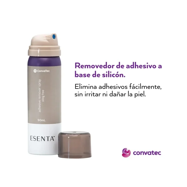 Spray removedor de adhesivo Esenta de ConvaTec 50 mL, elimina adhesivos sin irritar ni dañar la piel.